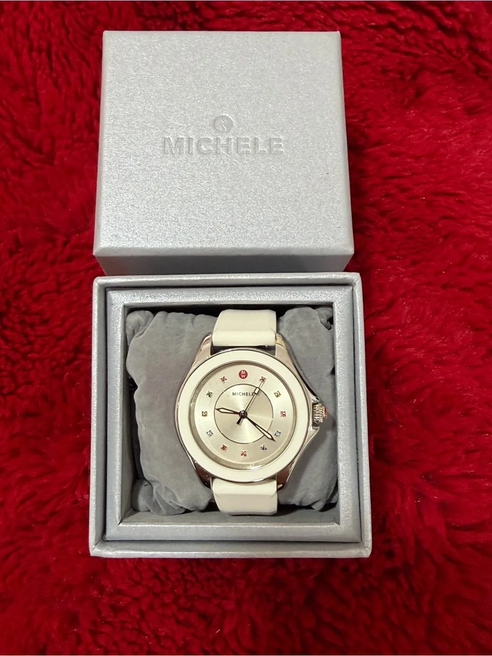 Michele White Leather Strap Silver-Tone Dial Ladies Watch